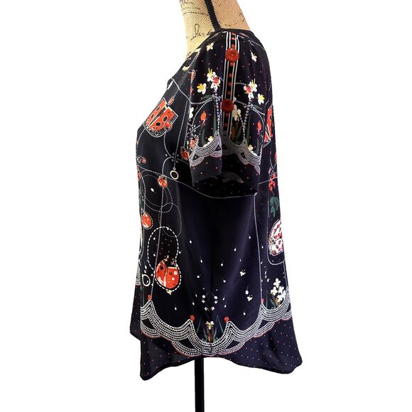 Piccione Piccione Black Floral Short Sleeve 100% Silk Blouse Top Sz 8/44 Italy - Picture 3 of 11